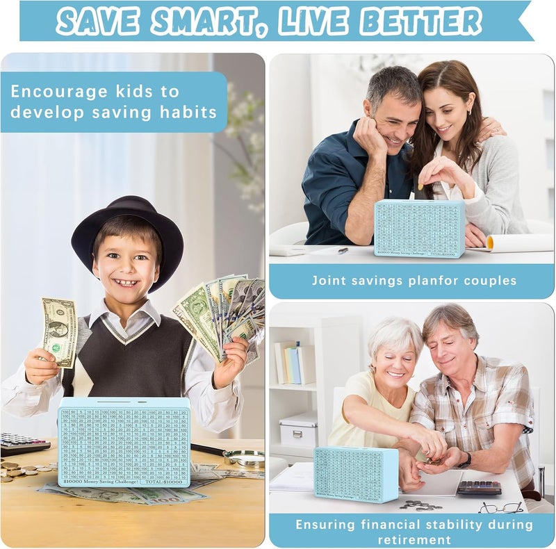 Gomyrod Wooden Money Saving Box, Cash Vault Savings Box for $10000 $5000 $3000 $1000 $800 $500 Target Money Saving Challenge, Reusable Money Box with Counter, Dry Erase Pen/Savings Trackers/Rubber Band-Blue - Image 5